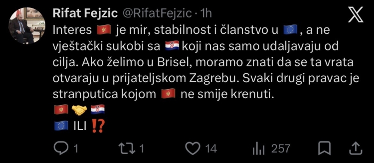 Reis Fejzić: Crna Gora mora čuvati stabilnost i evropski kurs, bez tenzija sa Hrvatskom